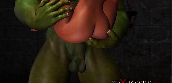  3dxpassion.com. Young horny anal sex slave gets fucked by big green monster in dungeon